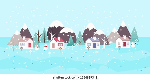Winter landscape background. Snowy scene with trees and mountaines. Flat vector illustration. Forest cottage or traditional farmhouse on countryside area by wintertime.