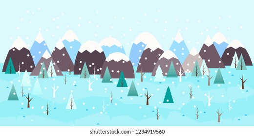 Winter landscape background. Snowy scene with trees and mountaines. Flat vector illustration. Forest, countryside area by wintertime.