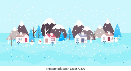 Winter landscape background. Snowy scene with trees and mountaines. Flat vector illustration. Forest cottage or traditional farmhouse on countryside area by wintertime.
