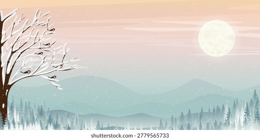 Winter landscape background with snowy tree, birds and full moon over misty forest mountains.Vector Christmas card, Peaceful nature illustration for xmas seasonal banner,New Year holiday design
