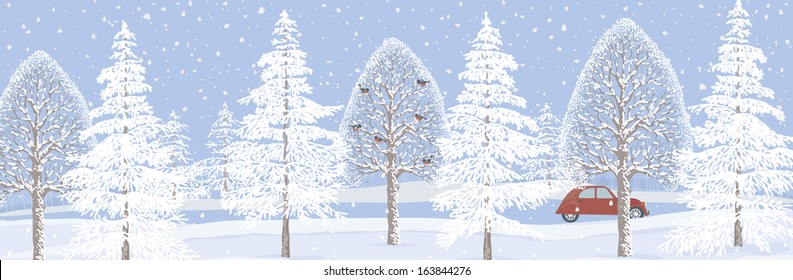 Winter landscape background with snowy trees