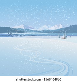 Winter landscape - background, stage of snowy hills with ski trail and mountains, created by imagination in the format of vector graphics.