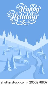 Winter landscape background with text Happy Holidays. Vector background