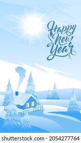Antecedentes del paisaje invernal con texto Feliz Año Nuevo. Fondo del vector