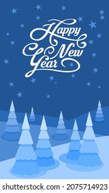 Winter landscape background with text Happy New Year. Vector background