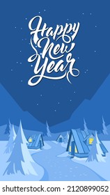 Winter landscape background with text Happy New Year. Vector background