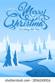 Winter landscape background with text Merry Christmas. Vector background