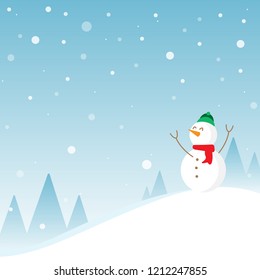 Winter landscape background. There are snow, tree, mountain and happy snow man on hill. eps 10 vector.