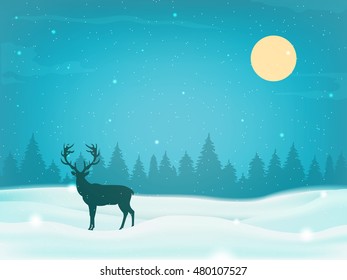 Winter landscape background with winter tree and reindeer silhouette. Vector illustration