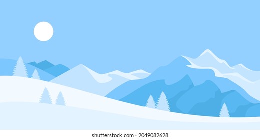 Winter landscape background. Vector illustration of snowy mountains in cartoon flat style.