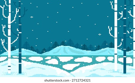 Winter landscape background with white and dark  blue tree and snowfall, The lake has frozen with snow on mountain and sky pixel art scene.