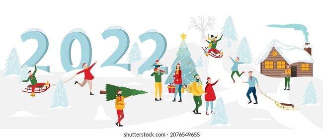 Winter landscape background of wonderland at night with people having fun in the city on new year. Christmas in the village with celebrating people. children ride in a sleigh. People in numbers 2022.