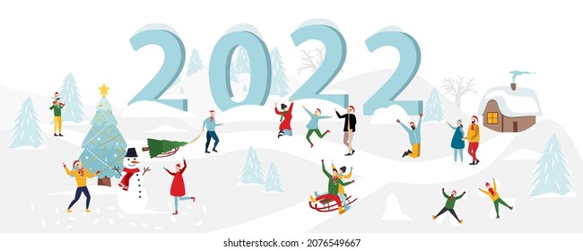 Winter landscape background of wonderland at night with people having fun in the city on new year. Christmas in the village with celebrating people. children ride in a sleigh. People in numbers 2022.
