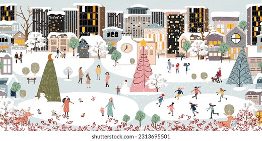 Winter Landscape Background,Christmas night in City,Vector banner cute Winter Wonderland in the town,People celebration in the park on New Year,Banner Design for Merry Christmas,New year 2024 card 