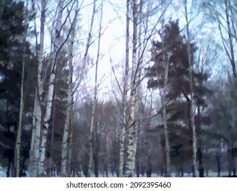 Winter landscape for backgrounds or textures. Birch, spruce and pine trees in evening lighting - winter texture background for textiles and fabric products, wallpaper, covers, etc.