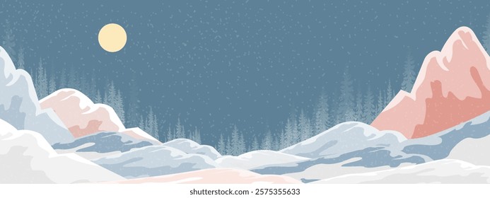 Winter landscape background,Winter wonderland with snowy on mountains,forest pine trees against dark blue sky,Vector cartoon cute nature in villege on xmas for Chrismast design banner  