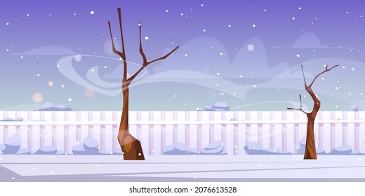 Winter landscape of backyard with bare trees, fence, white snow and wind. Vector cartoon illustration of empty yard, garden or park with snowy lawn, fencing and blizzard