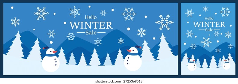 Anuncio de paisaje de invierno y Vector de tarjeta con un muñeco de nieve amistoso en el bosque nevado. Hermoso fondo estacional con pino y copo de nieve que cae para saludo de vacaciones y marketing de invierno.