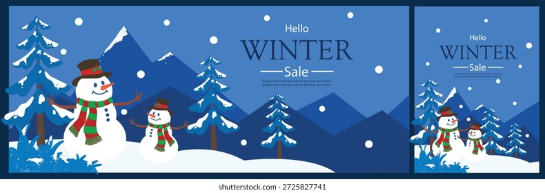 Anuncio de paisaje de invierno y Vector de tarjeta con un amable muñeco de nieve en un bosque de pinos nevados. Fondo estacional minimalista con ventisqueros y árboles de hoja perenne para tarjetas de vacaciones y marketing de invierno.
