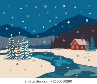 Winter landscape. Winter banner. Lovely houses in a snowy valley. Mountains in the background, snowfall. Spruce trees in snow drifts. Winter Cabin Illustration