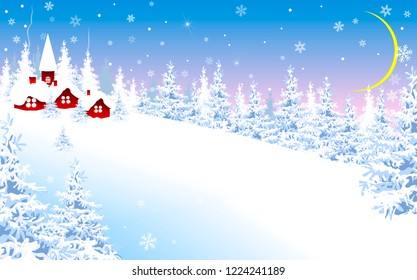 Winter landscape banner. Winter landscape, snow-covered village on the background of a winter forest.
                                                                                                