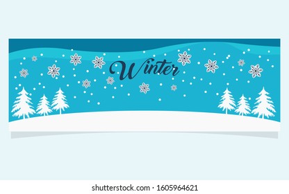 Winter landscape banner with snowflake, falling snow and snowy trees. Winter design banner web header