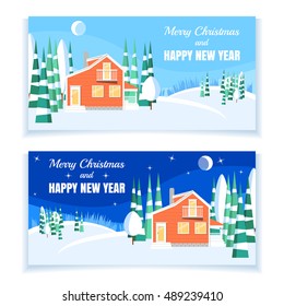 Winter landscape banners set with powdered house and trees on snow-covered ground. Vector illustration in flat style for congratulation card.