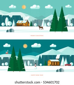 Winter landscape banners. Snowy village and nature - houses, church, forest, snowman, deer, Christmas tree, mountains, snowfall. Merry Christmas and Happy New Year vector backgrounds in flat style