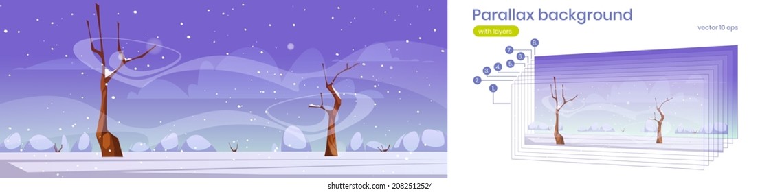 Winter landscape with bare trees, bushes, white snow and wind. Vector parallax background for 2d animation with cartoon illustration with snowy field and blizzard in frosty weather