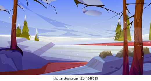Paisaje invernal con árboles desnudos, nieve blanca en el campo y coníferas. Dibujo vectorial de bosques, parques naturales o paisajes con árboles de coníferas