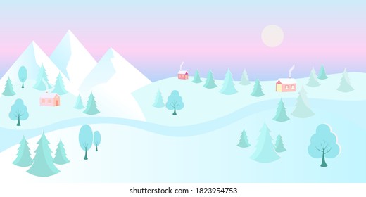 Winter landscape with a beautiful sunset. Vector illustration.