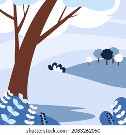 Paisaje invernal con hermosas vistas, árboles en la nieve, nubes, montañas. Ilustración vectorial.