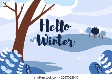 Winter landscape with beautiful views and lettering. Vector illustration.