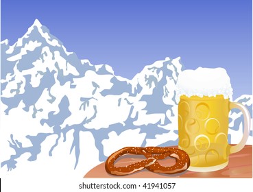 winter landscape with beer and bretzel