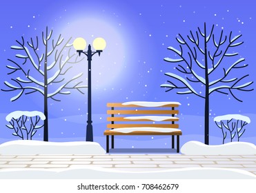 winter landscape with a bench in a city park. Vector illustration. christmas concept