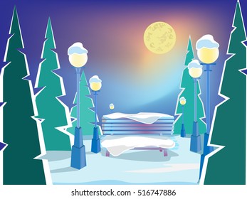 Winter landscape with a bench. Bench in the snow. Street lights in the snow. Evening winter landscape. Green spruce. New Year. Christmas Eve.