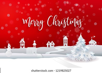 Winter landscape with beutifull fir tree, houses, snow. Paper art cut and cartoon style. Holiday Web banner. Red Night background. Vector illustration. Merry Christmas calligraphy greetings