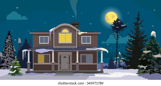 Winter landscape with big house and forest on background. Night with moon, stars, trees and clouds. Vector cartoon illustration.
