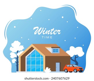 Winter landscape with big house. Winter holidays. Cute winter landscape for holiday banner. Lovely house in a snowy valley. Winter Cabin. Vector illustration