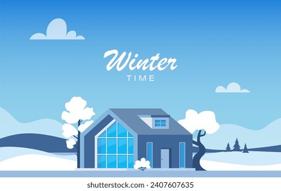 Winter landscape with big house. Winter holidays. Cute winter landscape for holiday banner. Lovely house in a snowy valley. Winter Cabin. Vector illustration