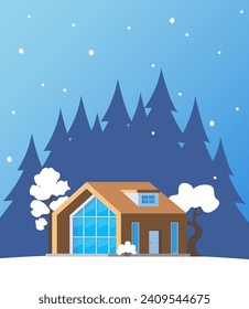Winter landscape with big house. Winter holidays. Cute winter landscape for holiday banner. Lovely house in a snowy valley. Winter Cabin. Vector illustration
