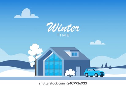 Winter landscape with big house. Winter holidays. Cute winter landscape for holiday banner. Lovely house in a snowy valley. Winter Cabin. Vector illustration