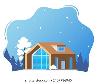 Winter landscape with big house. Winter holidays. Cute winter landscape for holiday banner. Lovely house in a snowy valley. Winter Cabin. Vector illustration