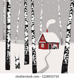 
Winter Landscape With Birches, Cozy Warm Cabin And Firewood. Hand Drawn Vector Illustration.