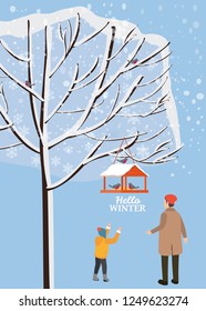 Winter landscape, bird feeder with feed, birds, dad with son stand near a tree covered with snow, vector, illustration, isolated, banner, poster, card, cover for books, magazines, publications