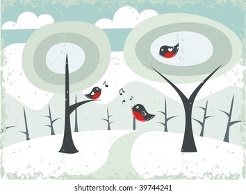 winter landscape with birds singing to each other