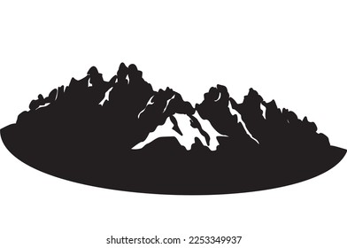 Winter landscape black white silhouette of steep rocky mountains in firs snow. Vector illustration of snowy hard mountains silhouette. Premium icon for symbol  and logo winter travel.