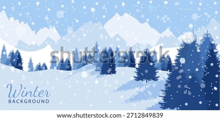 Winter landscape with blue fir trees, mountains, and falling snow. Styled, vector background with a bokeh effect. Perfect for New Year and Christmas designs, holiday cards, and seasonal layouts.