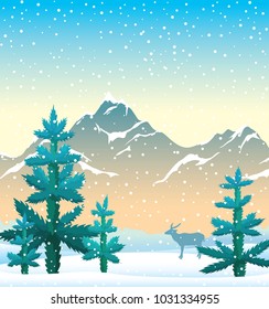 Winter landscape with blue firs, snowy mountains and silhouette of deer on a sunrise sky background. Vector nature winter illustration. Season image.