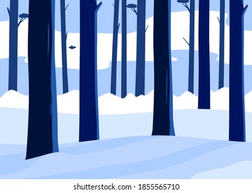 Winter landscape with blue forest. Landscape outdoor with snow background. Tall trees and light through trees in forest. Vector illustration